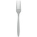 A close-up of a Creative Converting Shimmering Silver plastic fork.