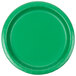 A close-up of a Creative Converting emerald green paper plate with a white circle in the center.