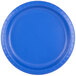 A close-up of a blue paper plate with a white background.