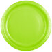 A close-up of a green paper plate with a white background.