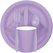 A purple plate with a Creative Converting Luscious Lavender plastic spoon, fork, and knife on it.