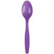 A purple plastic spoon with a white handle.