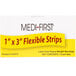 A white and yellow box of Medique Medi-First woven bandage strips with black and red text.
