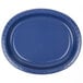 A blue oval paper plate with a white background.