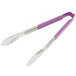 A pair of Vollrath stainless steel tongs with purple Kool Touch® handles.