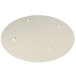 A white round melamine serving board with a faux rustic wood finish and screws.