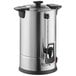 A silver stainless steel Avantco coffee urn with a black handle.