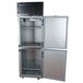 A silver Beverage-Air reach-in freezer with two half doors open.