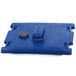 A blue rectangular Cambro Camtainer lid with a button.