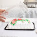 A person holding a clear D&W Fine Pack plastic container over a frosted sheet cake on a table.
