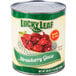 A case of 6 #10 cans of Lucky Leaf strawberry glaze with a white label.