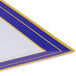 A Fineline white plastic square plate with a blue and gold border.