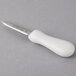 A Mercer Culinary stainless steel Boston style oyster knife with a white textured poly handle.