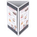 A brushed aluminum Menu Solutions triple view table tent with a white menu inside.