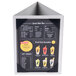 A brushed aluminum Menu Solutions triple view menu displayette with a menu for drinks.