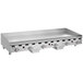 A stainless steel Vulcan countertop gas griddle with knobs.