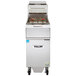 A Vulcan liquid propane floor fryer with solid state analog controls.