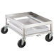 A stainless steel Channel Poultry Crate Dolly with black wheels.