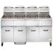 A large commercial Vulcan liquid propane floor fryer system with red handles and many baskets.