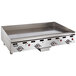 A Vulcan liquid propane stainless steel griddle with thermostatic controls.