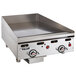 A stainless steel Vulcan 924RX-24 liquid propane griddle with red knobs.