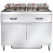 A Vulcan electric floor fryer system with two units and red handles.