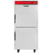 A white Vulcan pass-through heated holding cabinet with red accents and black lip load slides.