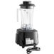A black AvaMix commercial blender with a clear Tritan container and a cord.