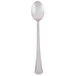 A silver spoon with a black handle on a white background.