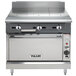 A Vulcan stainless steel commercial gas range with 3 burners and a hot top.
