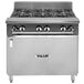 A Vulcan V Series 6 burner stainless steel gas range with cabinet base.