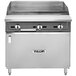 A stainless steel Vulcan V Series liquid propane range with a griddle top and cabinet base.