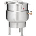 A Vulcan K60DL stationary 2/3 steam jacketed kettle with a lid and a handle.