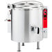 A large stainless steel Vulcan steam kettle with a lid.