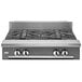 A Vulcan V Series stainless steel gas range with four burners on a counter in a professional kitchen.