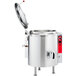 A Vulcan stainless steel stationary steam kettle with a lid.