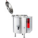 A Vulcan stainless steel stationary steam kettle with a lid.