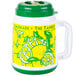 A white and green "The Tanker" plastic lemonade mug with a yellow design and a green lid.