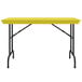 A yellow rectangular Correll R-Series folding table with black legs.