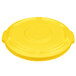 A yellow plastic lid for a Rubbermaid BRUTE trash can with a handle.