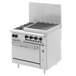 A stainless steel Wolf commercial gas range with 2 burners, a grill, and a lid.