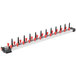 A long metal Plate Mate wall mount rack with red and black plastic tips.
