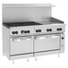 A large stainless steel Wolf thermostatic range with 6 burners, a right side griddle, and 2 standard ovens.