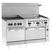 A stainless steel Wolf commercial range with 4 burners, a griddle, and 2 ovens.