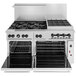 A stainless steel Wolf commercial range with a standard and convection oven and six burners.
