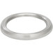 A silver stainless steel ring with a white background.