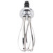 A silver metal KitchenAid whisk attachment with a black handle.