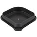 A black square shaped container with a hole in it and a black plastic tray with holes in it.