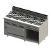 A Blodgett stainless steel commercial range with 10 burners over ovens and a cabinet.