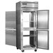A stainless steel Continental Refrigerator with two half doors open on a metal cabinet.